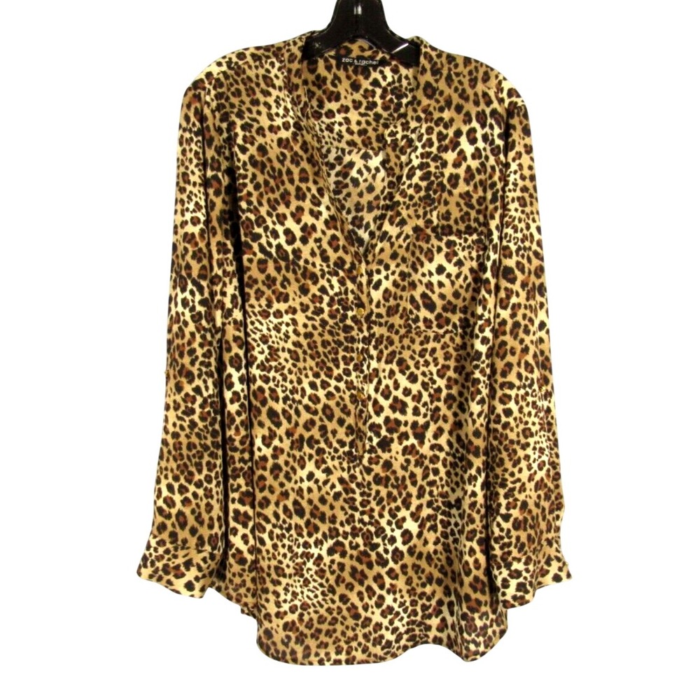ZAC & RACHEL BROWN/BLACK Leopard Print GEORGETTE 1/2 Button V-NECK Top Blouse 2X